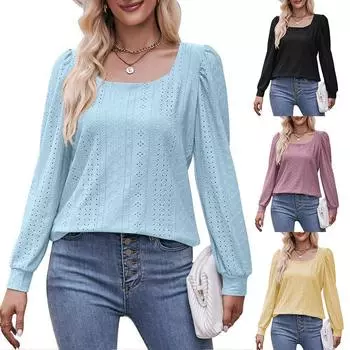 2024 Женский Осенний Новый Топ Pit Striped Square Neck Модный Повседневный Длинный Рукав Стиль Commuter Style Однотонный Элегантный S чёрный