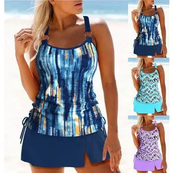 2024 женский пляжный купальник с принтом, сексуальный купальник бикини с открытыми плечами, летние купальники-танкини, пляжный костюм из двух предметов L синий