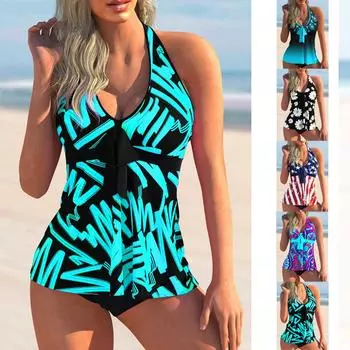 2024 женский пляжный купальник с принтом, сексуальный купальник бикини с открытыми плечами, летние купальники-танкини, пляжный костюм из двух предметов S чёрный
