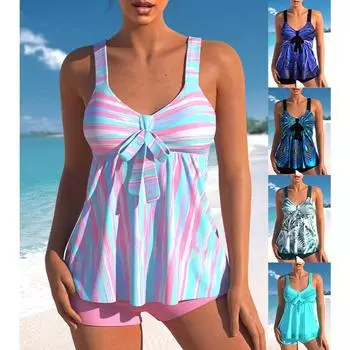 2024 женский пляжный купальник с принтом, сексуальный купальник бикини с открытыми плечами, летние купальники-танкини, пляжный костюм из двух предметов S синий