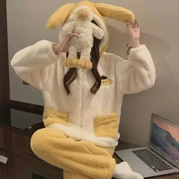 2024 Женский плюшевый пижамный комплект с капюшоном: Милый, утолщенный и на молнии для осени/зимы Medium