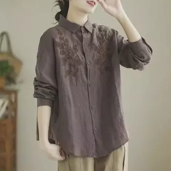 2024 Женский ретро-топ с вышитыми лацканами и длинными рукавами из льна L белый