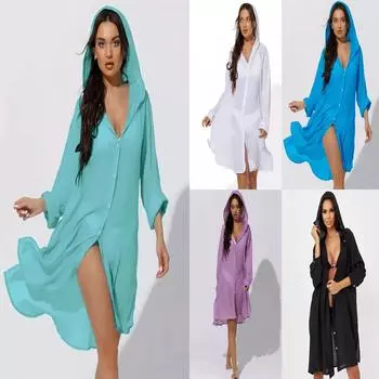 2024 Женский солнцезащитный пляжный кардиган с длинными рукавами и капюшоном One Size