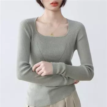 2024 Женский свитер-пуловер с длинным рукавом и квадратным воротником, повседневный модный женский джемпер, сексуальный вязаный свитер, женские пуловеры, топы One Size