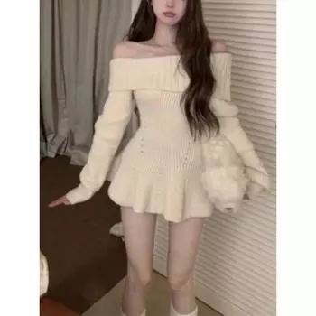 2024 Женский свитер с милым разрезом на шее и открытыми плечами, оборками, осень-зима, тонкий эластичный элегантный трикотажный топ, женский пуловер XS слоновая кость