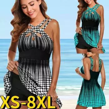 2024 Женский Танкини Монокини с высокой талией Купальники женские комплект из двух предметов Комплект бикини Купальники Купальный костюм Пляжный купальник с принтом S чёрный