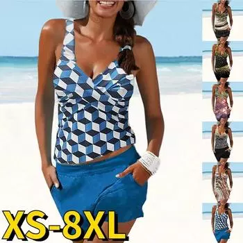 2024 Женский Танкини с высокой талией без рукавов Купальник Новый дизайн с принтом Бикини Летний купальный костюм Комплект из двух предметов Монокини S чёрный