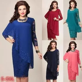 2024 женское элегантное кружевное платье с длинным рукавом, модное весенне-осеннее вечернее платье длиной до колена, платье для матери невесты, вечернее платье большого размера L темно-синий