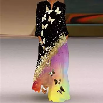 2024 Женское европейское и американское платье с V-образным вырезом, длинными рукавами и принтом карманов 3XL