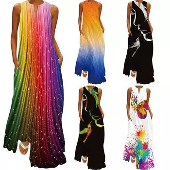 2024 Женское европейское и американское платье свободного кроя с V-образным вырезом и принтом лица - Летняя и осенняя мода Large