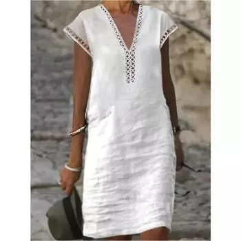2024 женское летнее белое хлопковое льняное платье в винтажном стиле с v-образным вырезом и короткими рукавами, повседневные платья S белый