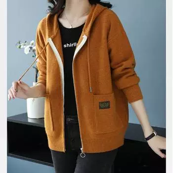 2024 Женское Осеннее Пальто С Капюшоном Трикотаж Кардиган Для Женщин Уличная Одежда Свитер Корейская Зимняя Одежда Пуловеры Свитшоты OneSize бежевый