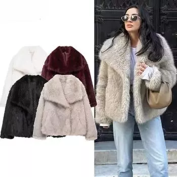 2024 Женское пальто из искусственного меха осень-зима, плюшевая пушистая женская куртка, новинка в верхней одежде, белое, красное, серое, черное, шерстяное пальто XS бежевый