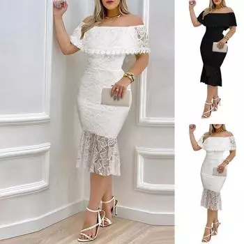 2024 Женское платье Мягкое универсальное однотонное банкетное платье с открытыми плечами S белый