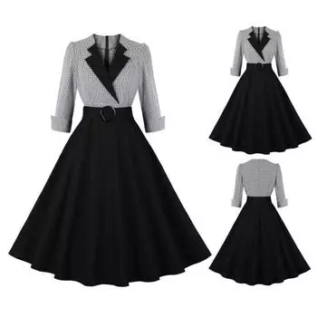 2024 Женское платье Plad с принтом, с поясом, с высокой талией, трапециевидной формы, с большим подолом, в стиле пэчворк, с рукавами три четверти, в тон, на спине, на молнии, в стиле ретро, с лацканами, для выпускного вечера, Midi Dre S чёрный