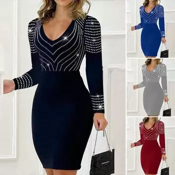 2024 женское платье, сексуальное, повседневная одежда со стразами, дышащее офисное женское платье средней длины, тонкое платье для свадьбы M чёрный
