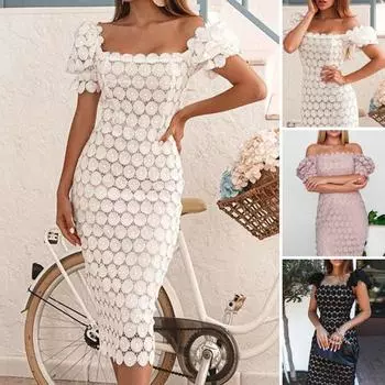 2024 Женское праздничное платье с открытой спиной и цветочным декором до середины икры с короткими рукавами Платье с открытой спиной и разрезом Летнее платье миди Женская одежда S чёрный