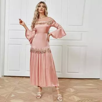 2024 женское вечернее платье, модное и элегантное платье с высокой талией и блестками и кисточками, розовое банкетное длинное платье с расклешенными рукавами