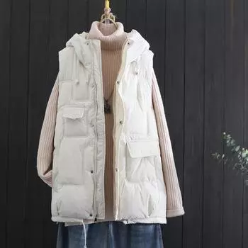 2024 Жилет-пуховик с несколькими карманами и завязками на завязках, свободная повседневная куртка без рукавов на осень и зиму с капюшоном и молнией S