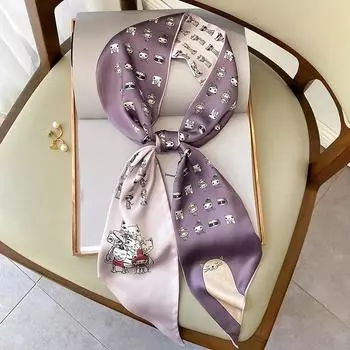 2024 Животный принт Женский Маленький Шелковый Шарф Кошка Кролик Весна Осень Лента Роскошные Шарфы Шеи Длинный Женский Повязка На Голову Сумка Ремень 15x150cm