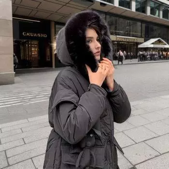 2024 зима большой меховой воротник выглядит тонким в стиле колледжа талия кроличий кулон средней и длинной длины пуховое хлопковое пальто мягкое вощеное пальто для женщин M чёрный