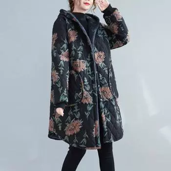 2024 зима новая бархатная средняя и длинная хлопковая подбитая одежда ретро утолщенная теплая куртка свободная с капюшоном хлопковая подбитая куртка женская L