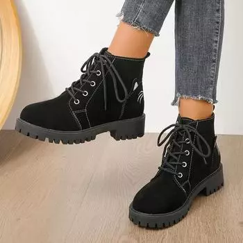 2024 зима новая корейская версия милые коты вышитые черные короткие ботинки замшевые на шнуровке квадратный каблук хлопковые ботинки Martin 35 чёрный