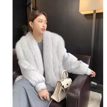 2024 зима новая куртка из меха лисы женская 90% белый гусиный пух высококачественный легкий роскошный пуховик короткая женская одежда S светло-серый