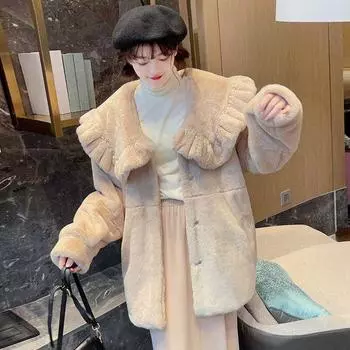 2024 зима новая милая куртка из искусственного меха кролика женская зимняя средняя и длинная бусины для ногтей имитация норки бархат утолщенный пух S is suitable for [90-52.5 kg] абрикосовый