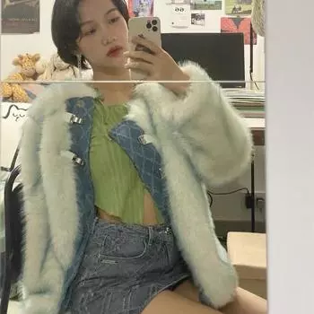 2024 зима новая мода джинсовая сращивание меховая шуба женственная светская лисий мех топ S 90-52.5 kg