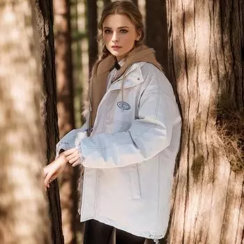 2024 зима новая мода поддельные двухсекционные с капюшоном короткие хлопковые подкладочные одежды женские корейские версии повседневные свободные многоцветные bf хлебные одежды M белый