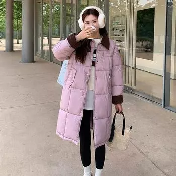 2024 зима новая мода свободная хлопковая одежда женская средняя и длинная с лацканами утолщенная контрастного цвета женская хлопковая подкладка M чёрный