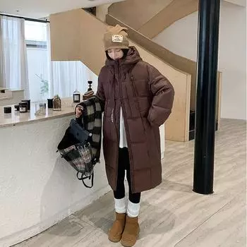 2024 зима новая мода свободная одежда женская средняя и длинная с капюшоном утолщенная хлопковая подкладка женские куртки с хлопковой подкладкой прилив M чёрный