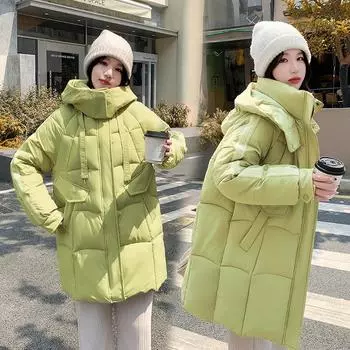 2024 зима новая мода свободная пуховая одежда с хлопковой подкладкой женская средняя и длинная куртка с капюшоном контрастного цвета с утолщенной хлопковой подкладкой M чёрный