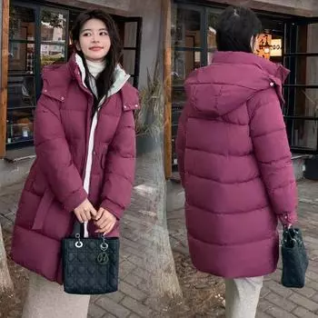 2024 зима новая мода свободная съемная шапка хлопковая одежда женская средняя и длинная утолщенная теплая хлопковая куртка S [Recommended 90-55kg] белый