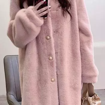 2024 зима новая норковая бархатная шуба утолщенная свободная шуба из ягненка интегрированная средняя и длинная шуба женская S 85-57.5 kg молочный белый