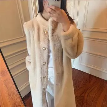 2024 зима новая норковая флисовая шуба утолщенная и хлопковая свободная стоячий воротник овечья шерсть средняя и длинная шуба женская S