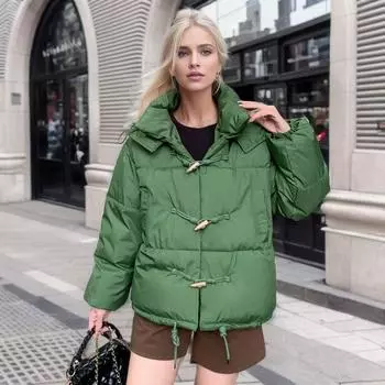 2024 зима новая роговая пряжка утолщенная хлопковая подбитая одежда студентки пуховая хлопковая подбитая одежда в стиле Гонконга хлопковая подбитая куртка хлеб S чёрный