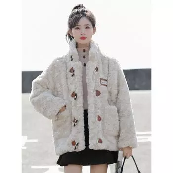 2024 зима новая шуба из искусственного меха ягненка женская свободная роговая пряжка пушистая утолщенная средняя и длинная верхняя часть XS 80-50 kg