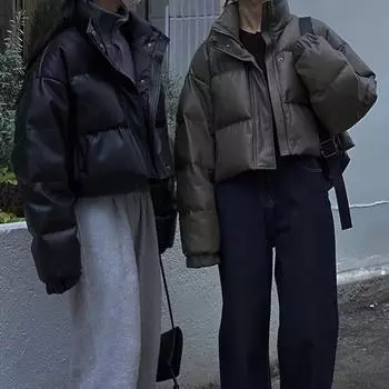 2024 зима новая свободная утолщенная хлопковая куртка женская модная куртка из искусственной кожи с коротким пухом из хлопка женская S зелёный