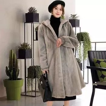 2024 зима новая женская шуба из искусственного меха молодая тонкая до колена модная плюшевая длинная шуба из искусственной норки M 80~ 55kg