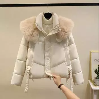 2024 Зима Новое модное свободное утолщенное хлопковое пальто с большим меховым воротником, пуховое хлопковое пальто для женщин из хлопка M чёрный