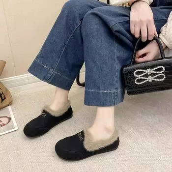2024 зима новые бархатные туфли Doudou теплая мягкая подошва повседневная мода утолщенные однопедальные пушистые туфли женские 35