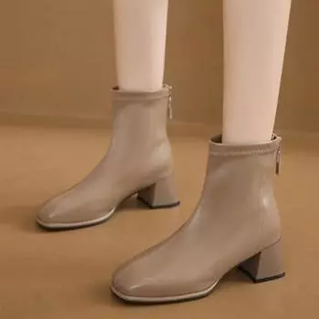 2024 Зима Новые британские модные ботинки с застежкой-молнией сзади, женские грубые замшевые кожаные универсальные короткие ботинки для женщин 35-40 35 бежевый