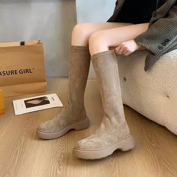 2024 зима новые длинные сапоги французские сапоги на толстой подошве телесного цвета тонкие замшевые сапоги длинные эластичные сапоги рыцарские сапоги 35 чёрный