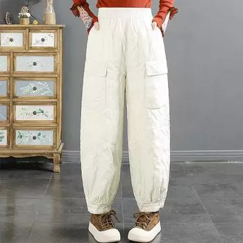 2024 зима новые модные приталенные брюки женские ветрозащитные теплые белые пуховые завязанные ноги повседневные брюки прилив M чёрный