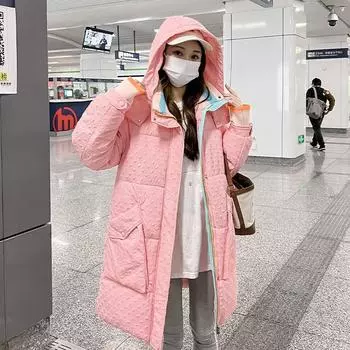 2024 зима новые свободные пуховики с капюшоном женские средние и длинные утолщенные хлопковые утепленные куртки женские хлопковые утепленные куртки теплая куртка M чёрный