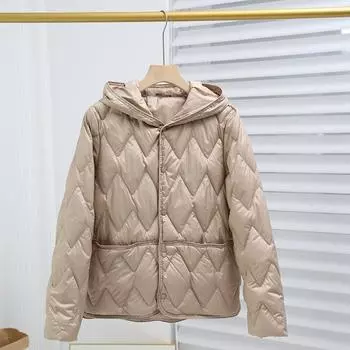2024 зима новый 90 белый утиный пух легкий и тонкий пуховик с капюшоном женская повседневная универсальная однотонная тонкая теплая куртка M хаки