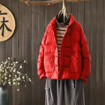 2024 зима новый этнический стиль ретро пряжка воротник стойка свободный женский пуховик белый утиный пух легкое пальто женщины M