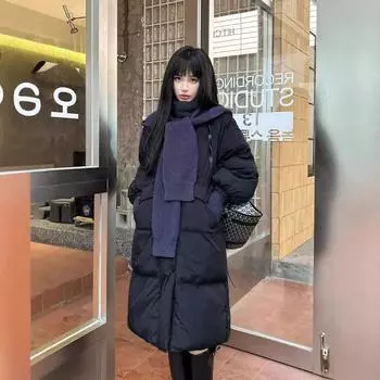 2024 зима новый белый утиный пух свободный средний и длинный капюшон съемная вязаная шапка пуховик женская куртка прилив S recommends within 62.5 kg бежевый